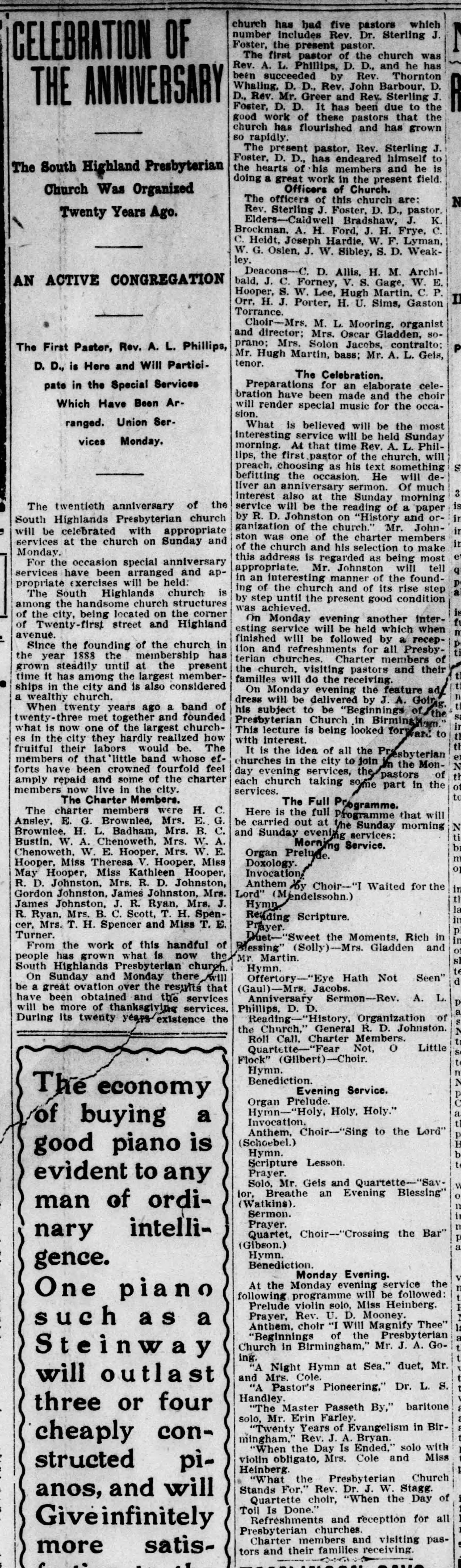 Celebration of the Anniversary: The South Highland Presbyterian Church Was Organized Twenty Years Ago